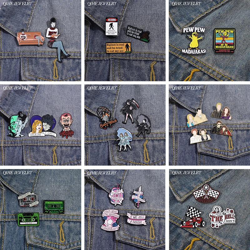 ホラー-アニメーション映画エナメルピン,漫画のキャラクターのロール,レーシングフラグ,ラペルバッジ,パンクジュエリー,2〜4個セット
