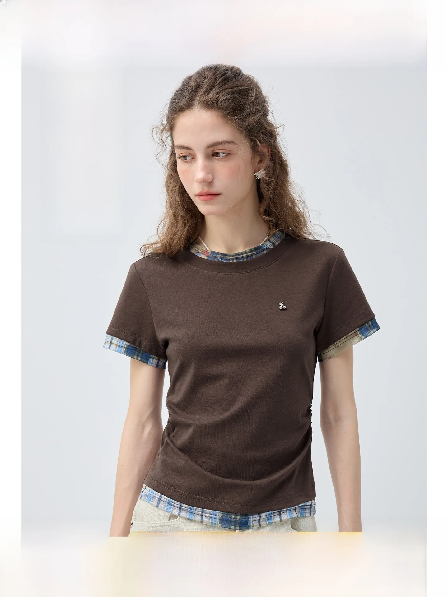 

plus Size Women's T-Shirt Waist-Cinching Short Sleeve Plaid Design False Two-Piece Style Korean Commute Fashion Summer Wear