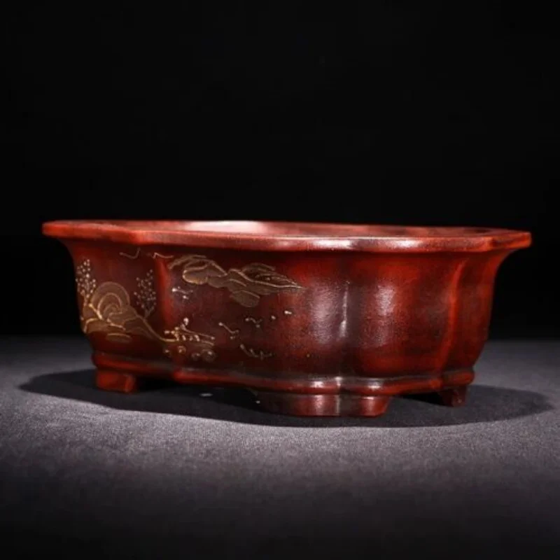 9.45in Chinese Refine Zisha Antiqued Handmade Painting Potted Bonsai Flower Pot
