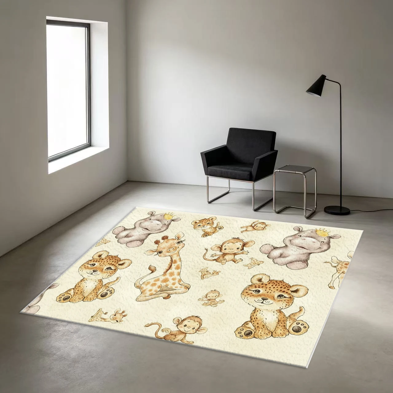 Watercolor Cute Safari Baby Animal Giraffe Monkey Leopard Carpet Flooring Non‑Slip Kids Area Rug for Nursery Bedroom Home Decoration