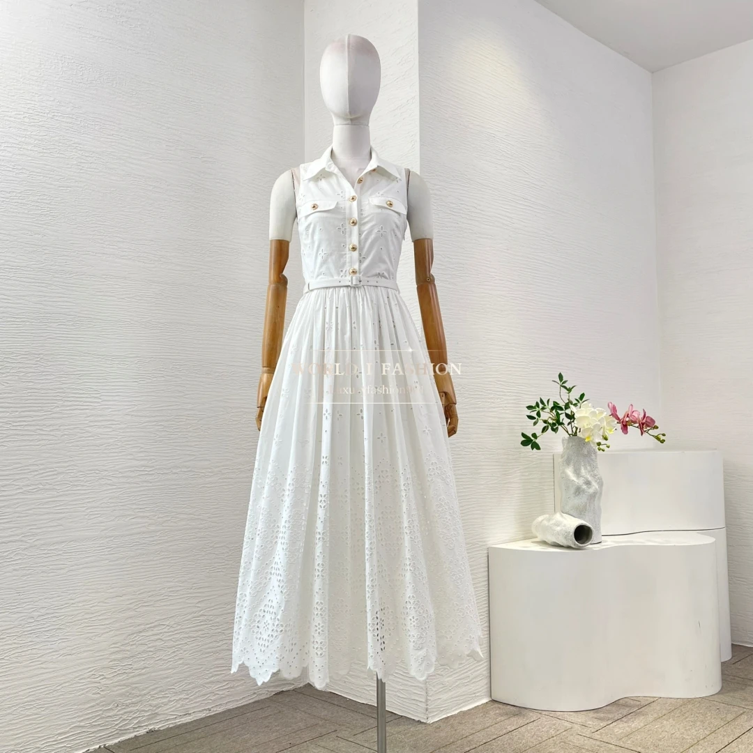 

Woman Clothing White Sleeveless Embroidery Midi Dress