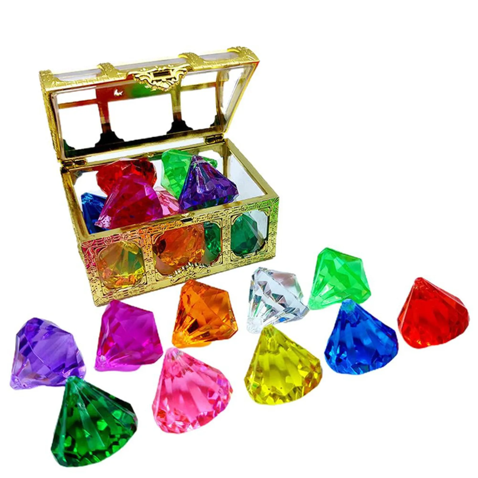 Juguetes de buceo, juego de 10 diamantes grandes de colores con caja de pirata del Tesoro, juguetes para piscina, gemas, juguete subacuático para uso en piscina, juegos de regalo de tesoros