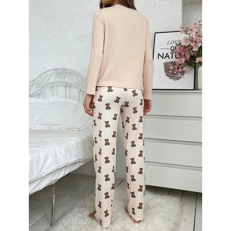 Cute Bear Print Pajamas for Women Autumn Winter Long Sleeves Full Pants Pajama Sets Woman Milk Silk Pijamas Girls Nightwear