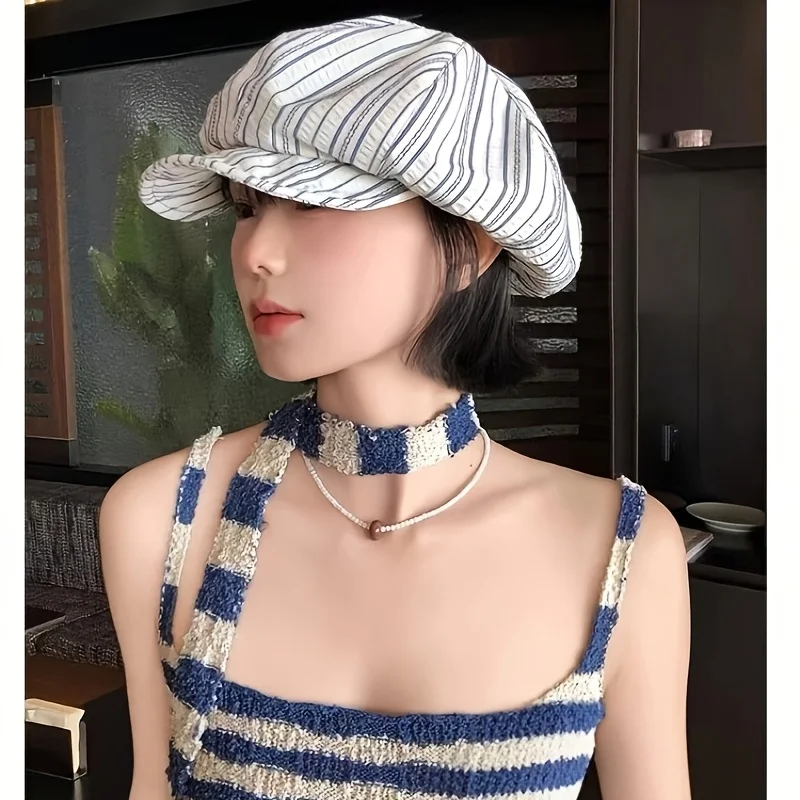 Vintage Striped Pleated Beret for Women Spring Summer Sun Protection Beret Hat Irregular  Painter Cap Large Size Face-Flattering