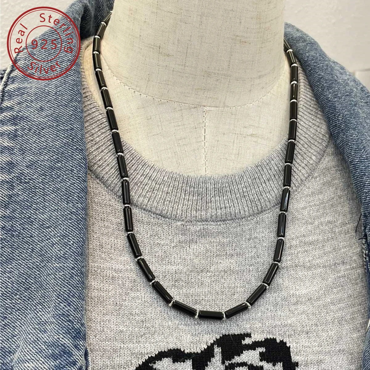 25 silver autumn and winter new middle ancient style natural black agate long style sweater necklace, niche design