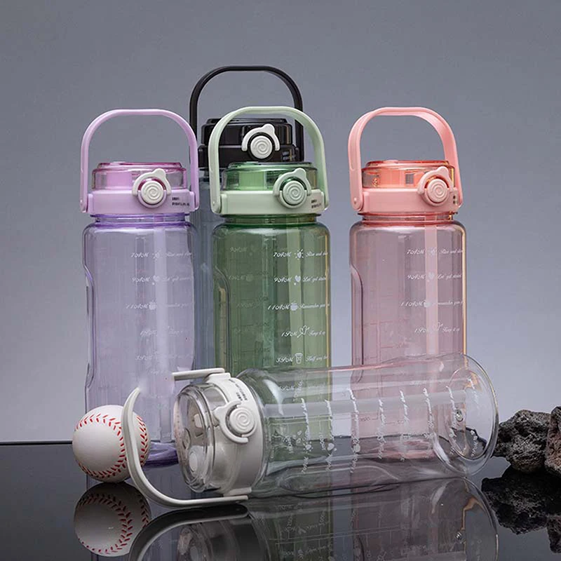 Botella de agua deportiva con pajita de 1,5/2 litros, con escala de tiempo, taza de agua de jugo frío de plástico para verano, botellas de viaje portátiles de gran capacidad