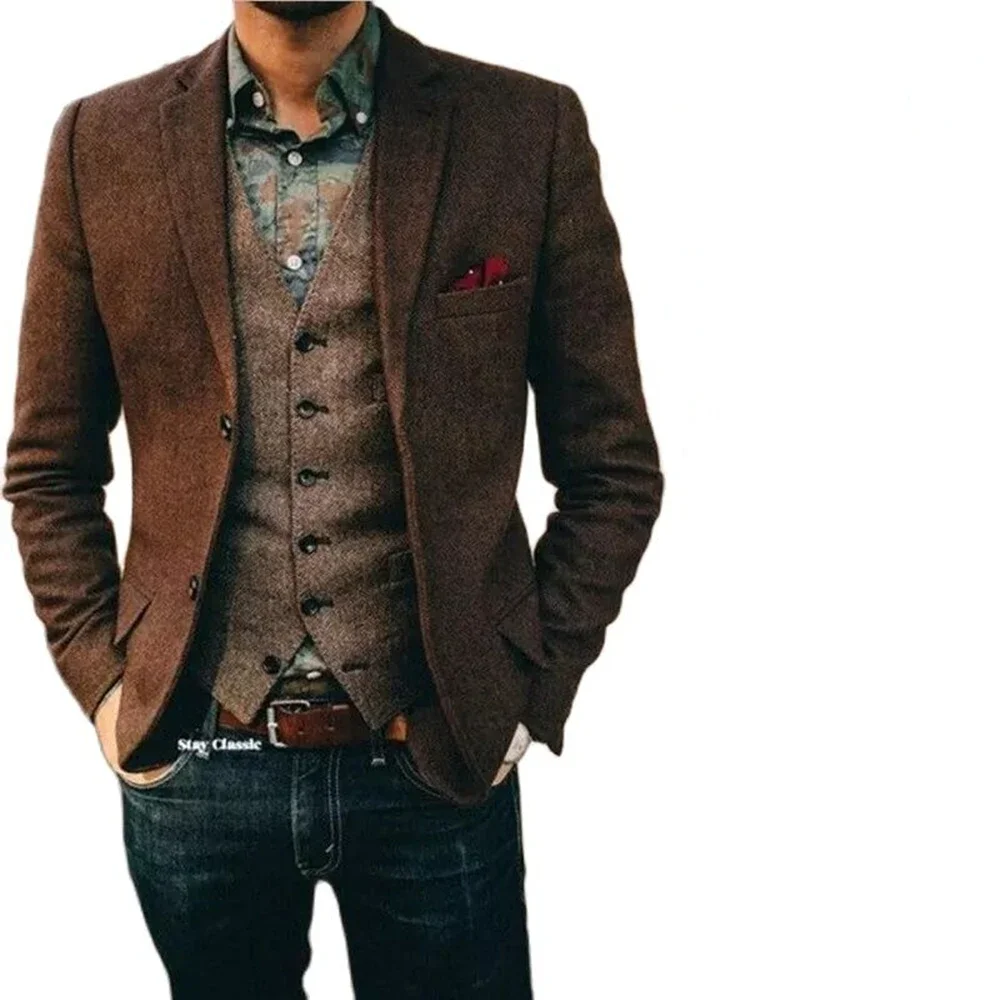 (Only Coat) Men\'s Suit Brown Herringbone Blazer Prom Tuxedos Wool Tweed Single Breasted Two Buttons Wedding Jacket