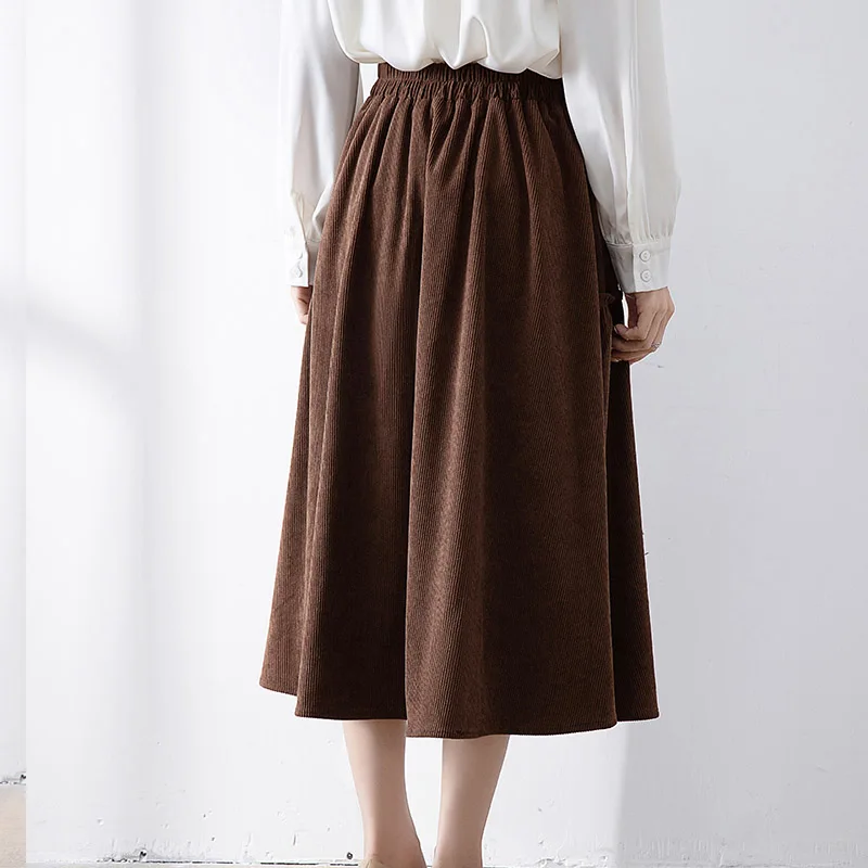 MiiiiX Simple Versatile Corduroy Skirt Elastic Waist Loose A-line Ruffled Design Mid-length Casual Skirt Autumn Women's Clothes