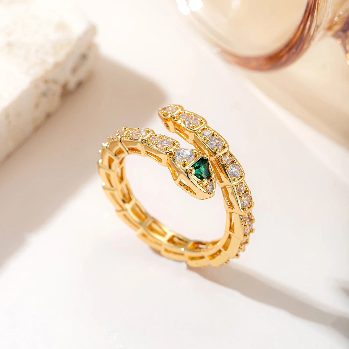 Fashion Women 18K Gold Plated Snake Serpent Open Ring With Green Eye & Full Paved Zircon Adjustable Stackable Finger Ring Jewelr
