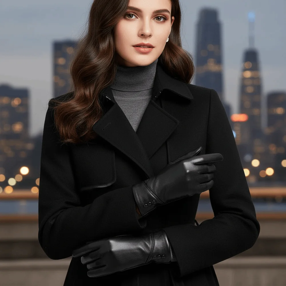 Vintage Solid Color Full Finger Mittens PU Thickened Women Leather Gloves Button Windproof Touch Screen Gloves Driving