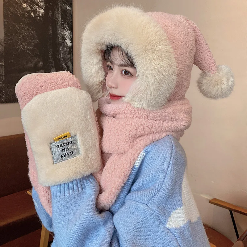 2021 Korean winter new Bib three piece integrated warm ear cap fashion Christmas scarf thick ear cap warm women\'s scarf beanie