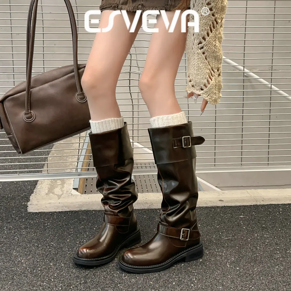 ESVEVA 2027 Fashion Women Knee High Boots Leather Autumn News Shoes Buckle Winter Pleated Dress Motorcycle Long Boots 34-39