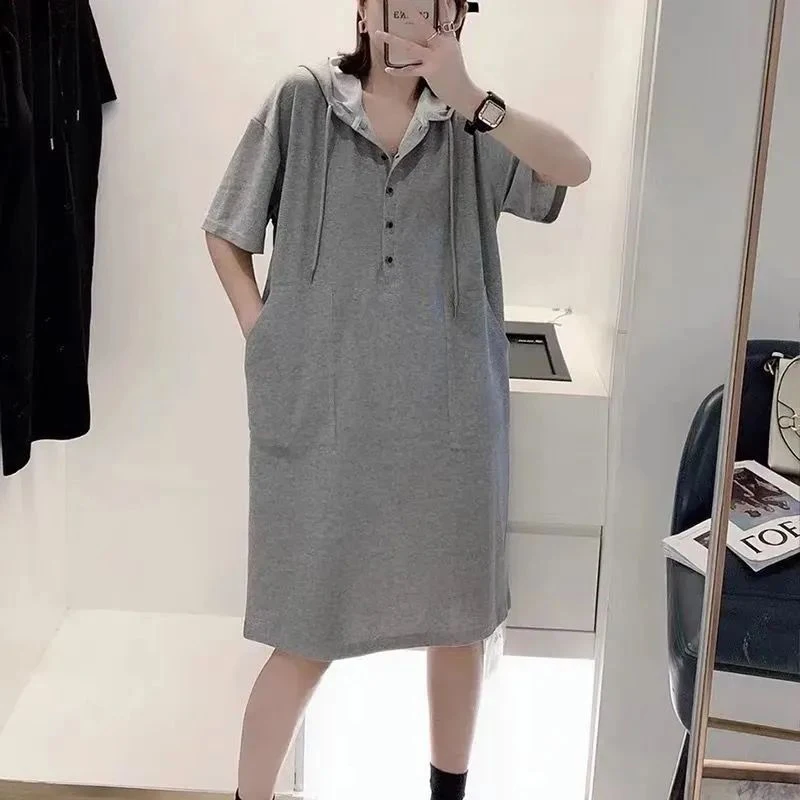 2026 New Arrival Plus Size Women Hooded Dress Loose Hide Tummy Slim Mid Length Short Sleeve Casual Oversized Pocket Tshirt Dress