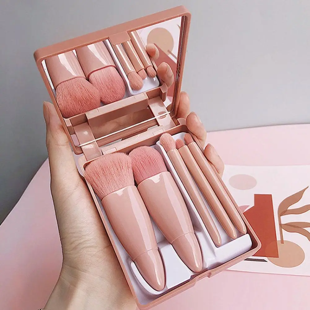 NEW 5Pcs Portable Makeup Brushes With Mirror Set Travel Mini Makeup Brush Small Complete Function Cosmetic Brushes Kit With Case