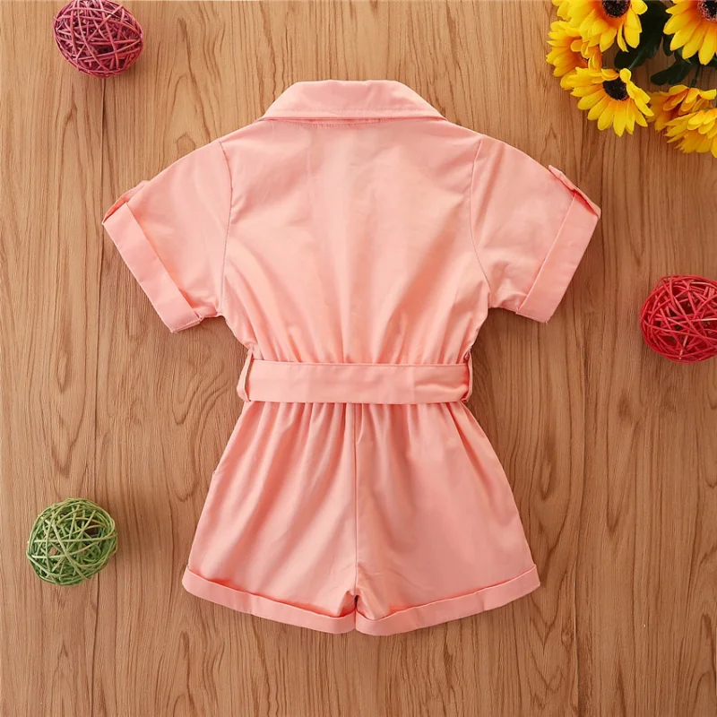 2024 Summer New Solid Color Short Sleeve Pocket Lapel Girls Jumpsuit Single-breasted Waist Fashion Overalls 1-5T