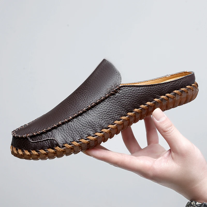Large Size 48 Mules Men Backless Casual Shoes Loafers Slippers Slip On Flat Sneaker Leather Outdoor Half Shoes Man Slides Sandal