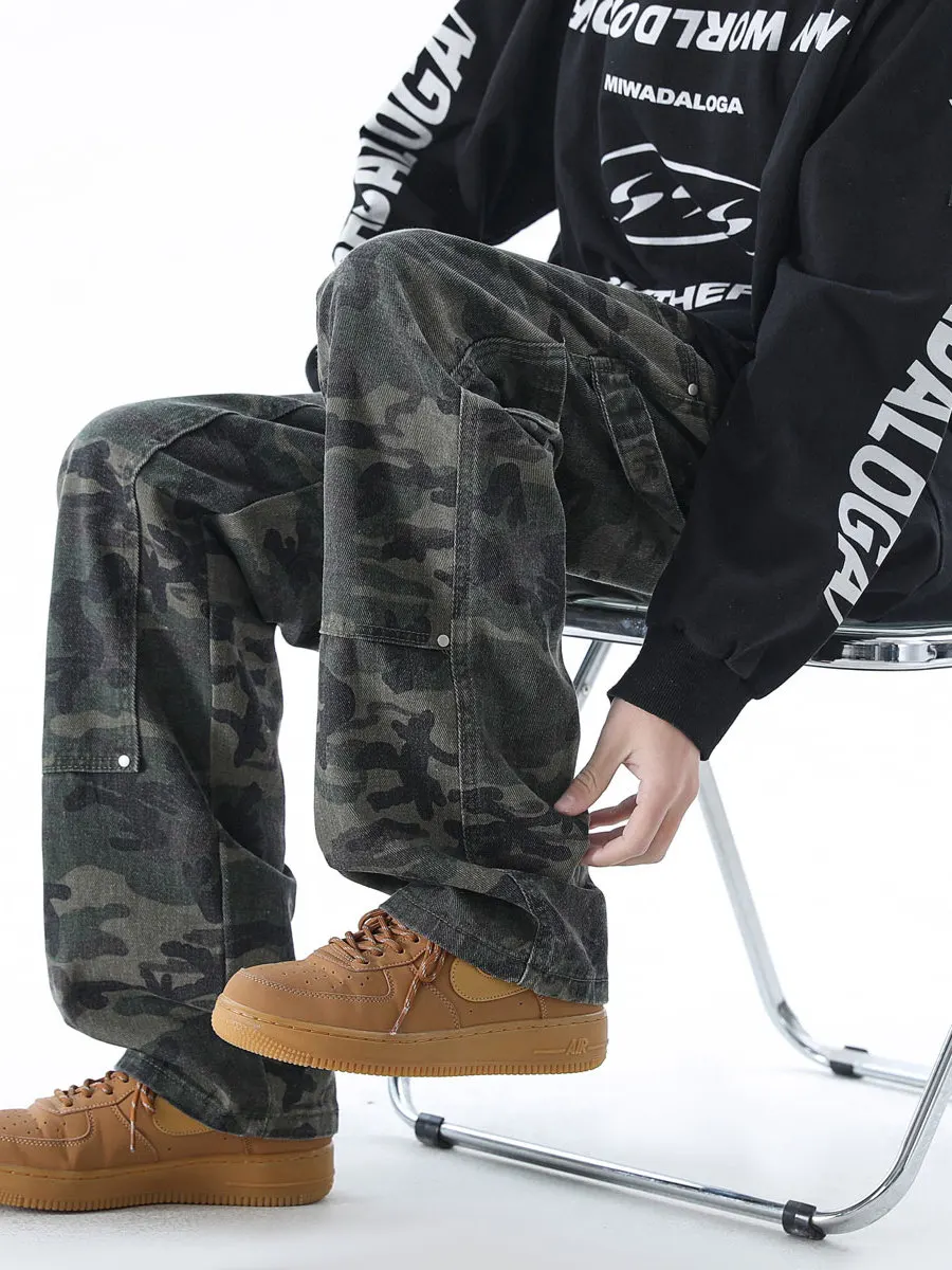 

American High Street Camouflage Bell Bottom Men's Jeans Spring Autumn Loose Long Pants Large Size Men's Knife Angle Workwear