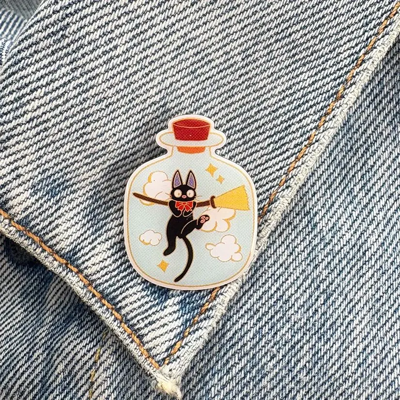 Animated Movie Cartoon Kiki Inspired Enamel Brooch  Cat Bow Bottle Black Cat Lapel Pin Badge Accessories Children Christmas Gift