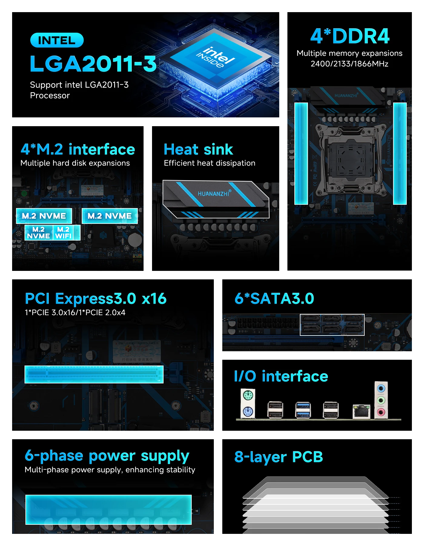 HUANANZHI X99-QD4 V3.0 Motherboard LGA 2011-3 Socket Support DDR4 RAM 3*M.2 NVME PCIe 3.0 SATA3.0 6-Port 6-Phase Power M-ATX Mai
