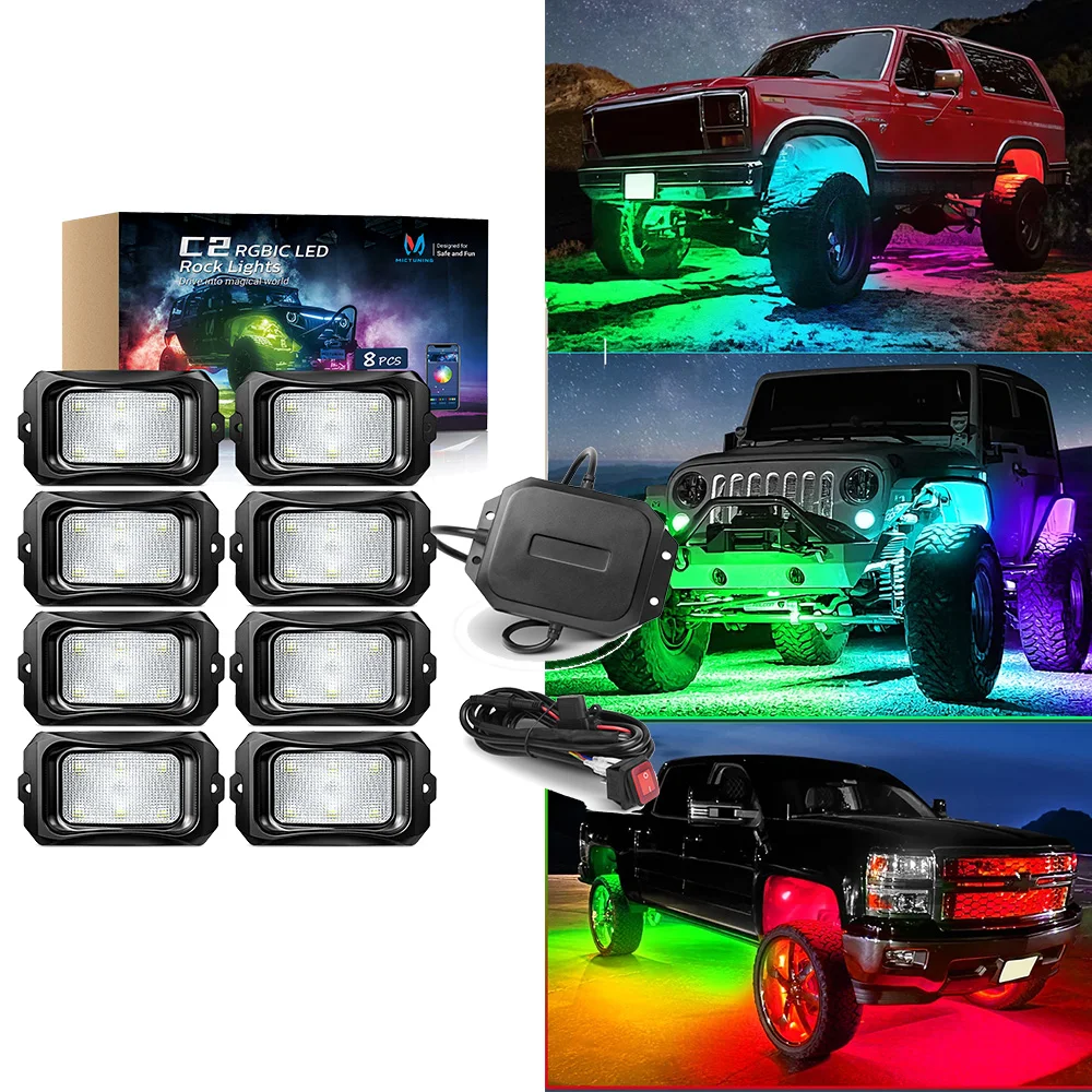 

MICTUNING Rock Lights Remote APP Control RGBIC LED Rock Lights Kit,C2 8/10Pods Underglow Lighting Kit Car Chassis Light 12V