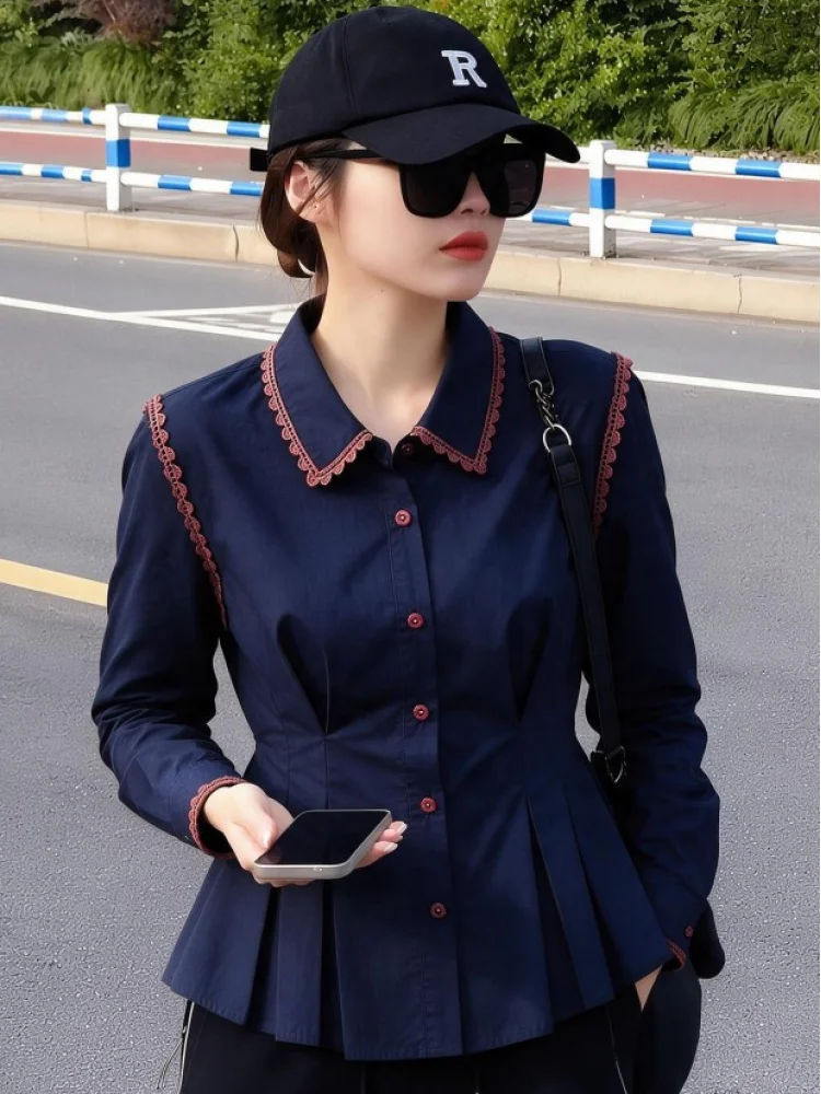 Elegant Style Slim Fit Shirt Top Waist-Cinching Long Sleeve Cotton Blouse in Royal Blue Spring Autumn New Arrival Short Style