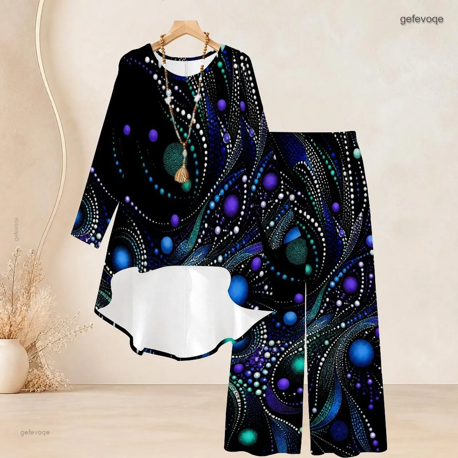 Women Pants Set with Print Round Neck Long Sleeve High Low Top Wide Leg Pants Two Piece
