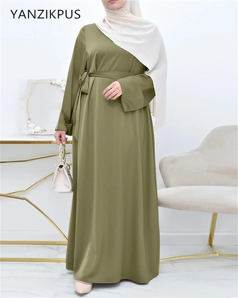 2024 New Fashion Muslim Women's Satin Skirt Middle Eastern Arab Robe Simple Solid Color Loose Round Neck Belt Large Long Sleeve