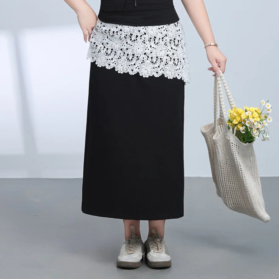 

Lace Patchwork Cover The Hips A-Line Skirt Plus Size Women's Premium Chic Bohemian Woven Back Slit Skirt