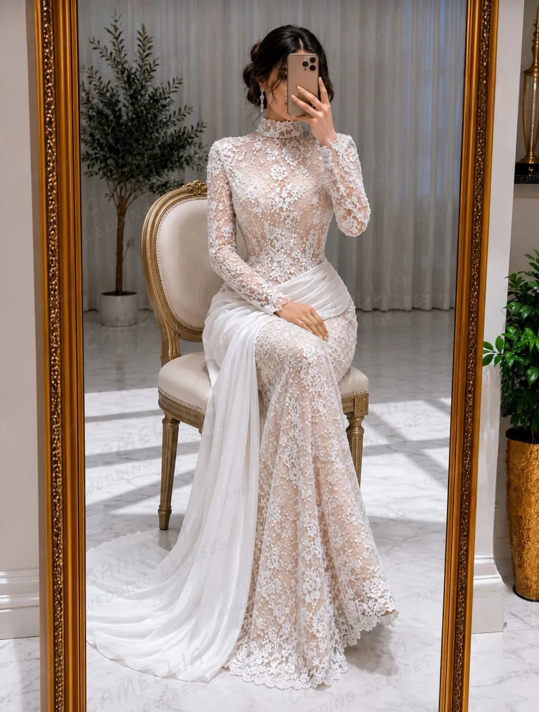 Elegant Mermaid Appliques Wedding Dresses High Neck Woman's Bride Gowns Long Sleeve Formal Split Customized Vestidos De Novia