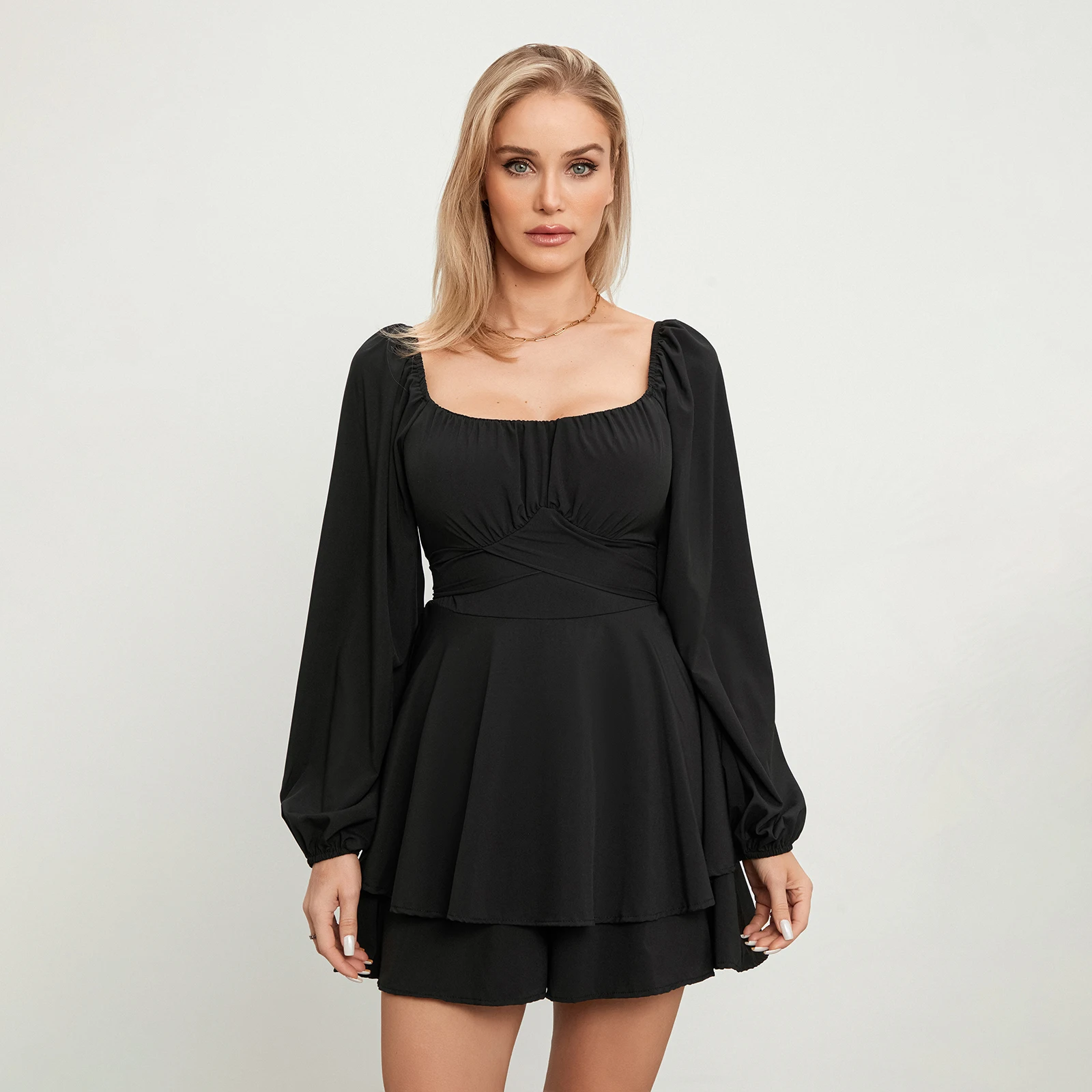 Womens Spring Summer Loose Shorts Jumpsuit Solid Color Lantern Long Sleeve  Square Neck Ruched Ruffled Playsuit - AliExpress 200000345