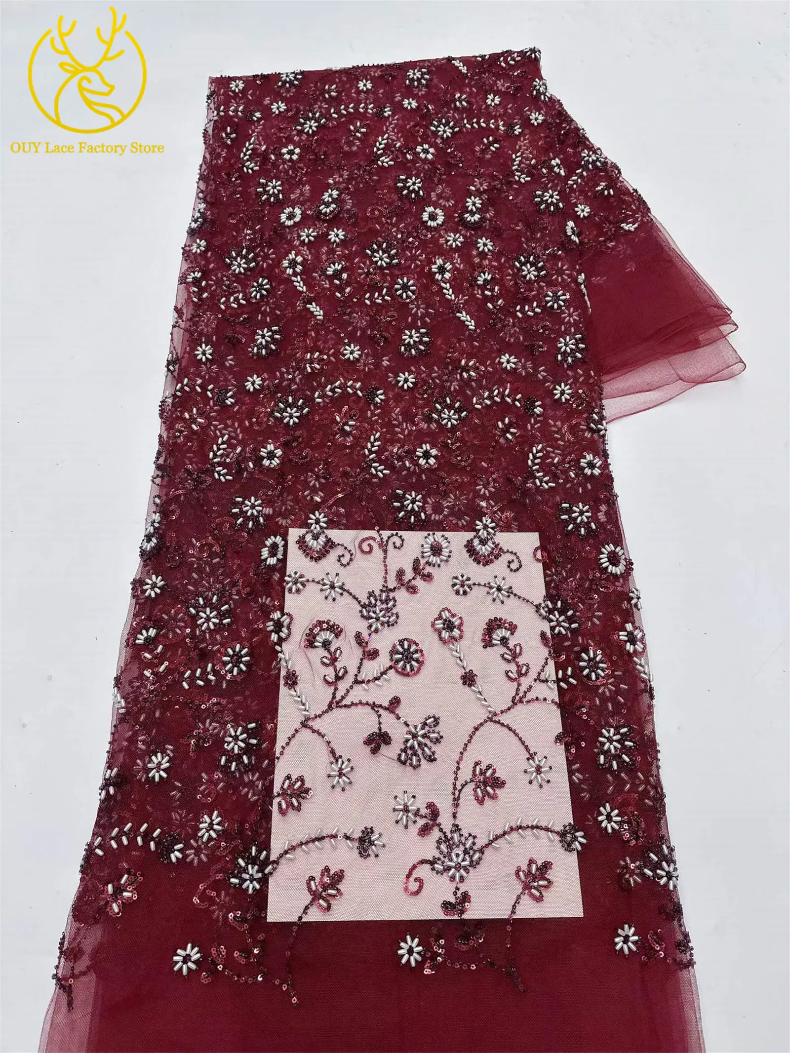Königsblauer luxuriöser handgefertigter Perlen-Spitzenstoff, 5 Yards, hochwertiger französischer Tüll-Pailletten-Spitzenstoff für Party- und Hochzeitskleider – Detail 23