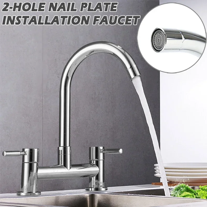 Modern Double Lever Chrome Kitchen Sink Hot and Cold Mixing Faucet 2-hole Deck Installation Faucet Kitchen Supplies