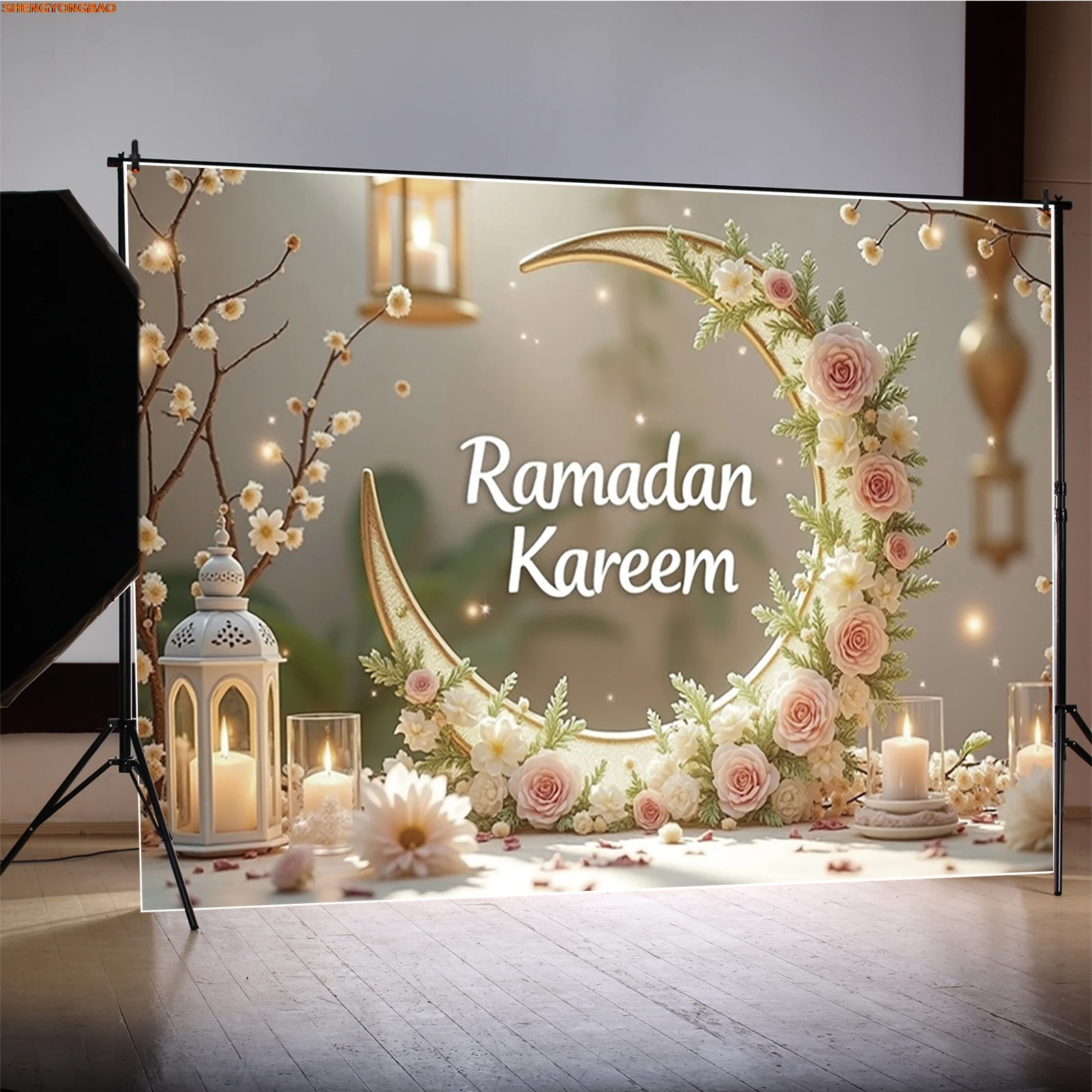 عيد الفطر خلفية التصوير الفوتوغرافي القمر الوردي الوردي الأبيض شمعة مهرجان خلفية راية استوديو الصورة