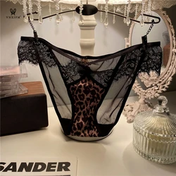 French Leopard Print Sexy Lace Hollow Seamless Underwear Women's Low Waist Soft Breathable Transparent Temptation Girls' Briefs