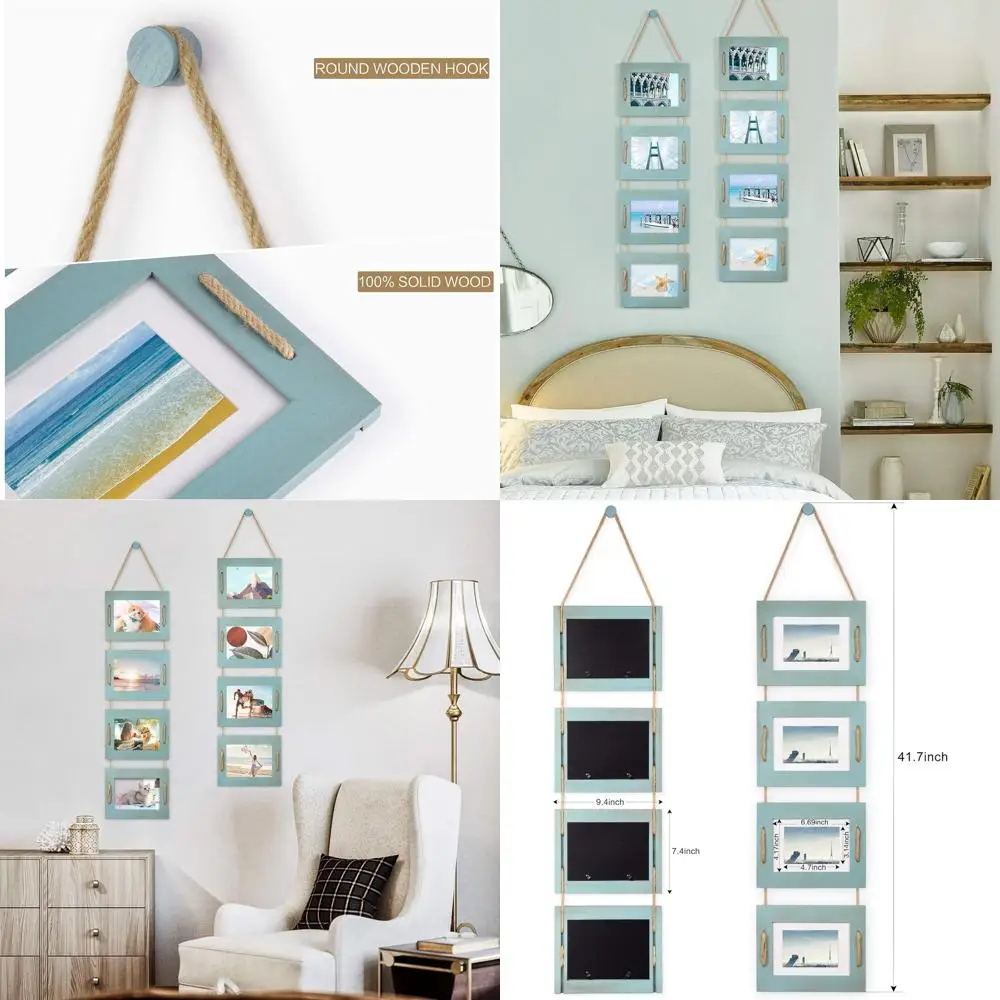 

Набор из 2-х рамок для коллажей 5x7 дюймов, цвета океанской синевы, из деревянного бруса в деревенском стиле, с 4 отверстиями для фотографий и джутовой веревкой