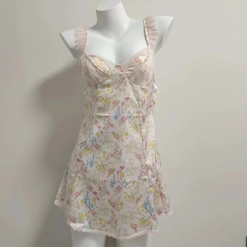 

Sweetheart Floral Camisole Nightgown, Smooth Ice Silk Patchwork Lace Fly Sleeves, Sexy Pajama, Girlish Feeling Sexy Costume Porn