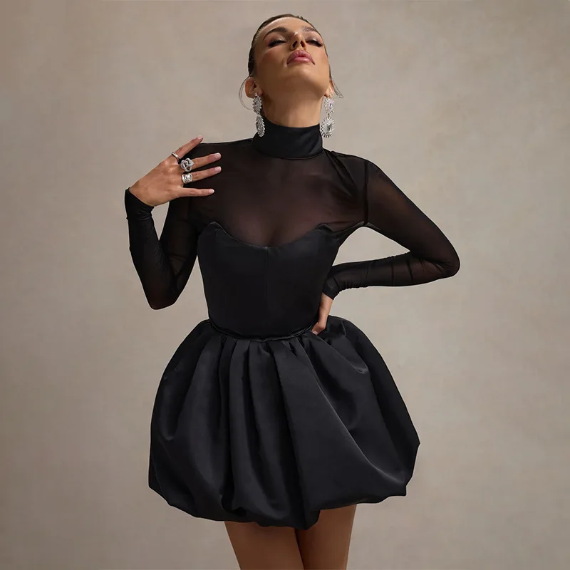 Chaxiaoa Turtleneck Sheer Long Sleeve Sexy Mini Dress for Women Black See Through High Waist A-line Club Party Dress Elegant