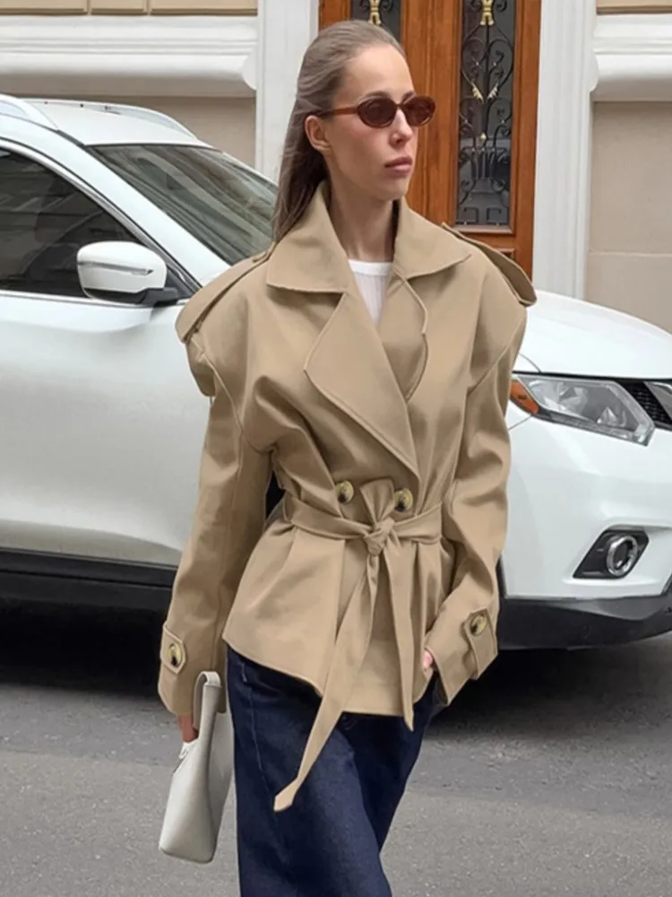 

New Autumn Winter Casual Lace Up Slim Lapel Long Sleeve Women Cropped Trench Coat, Vintage Office Lady Chic Jackets Windbreaker