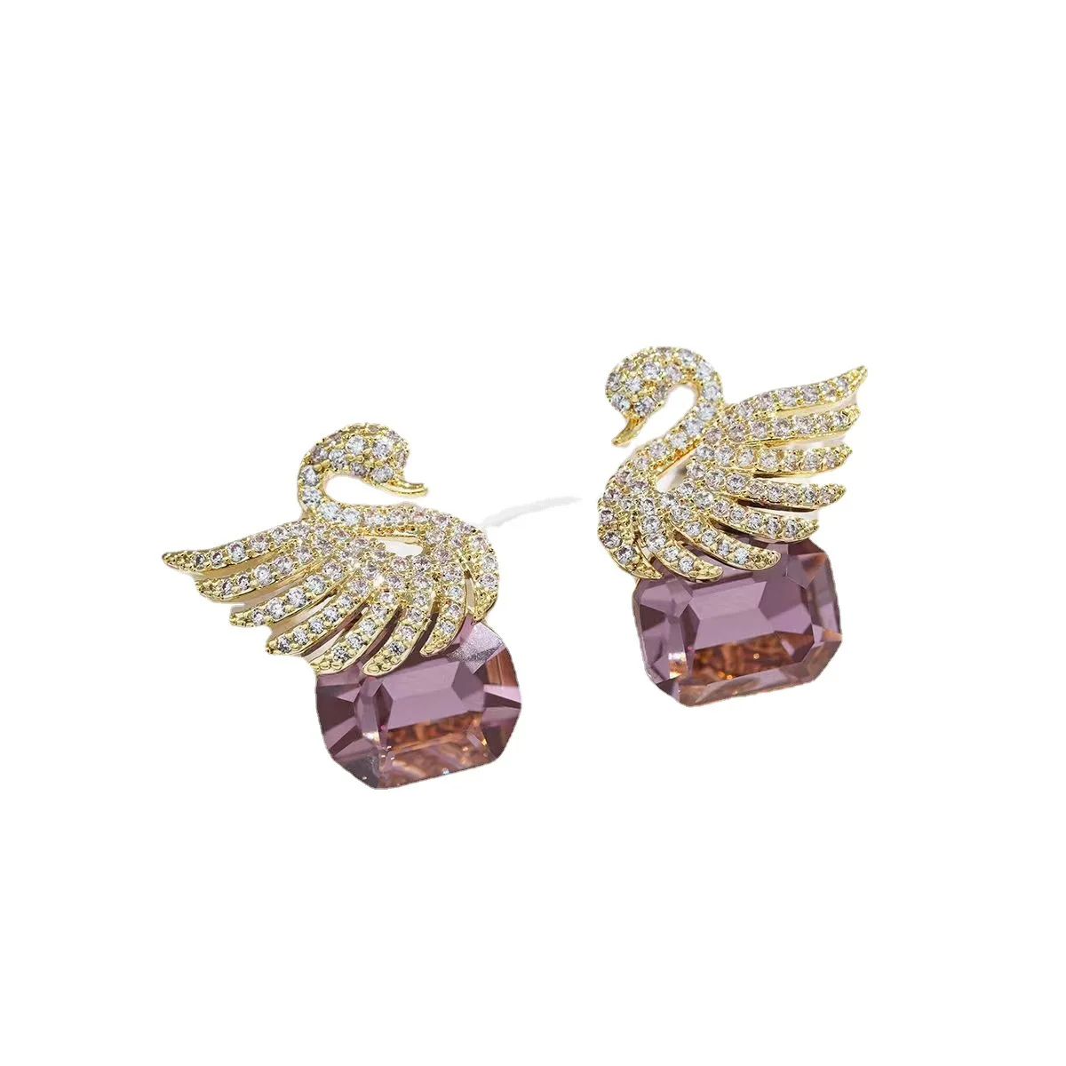 Brincos de cisne coreano bonito para mulheres, zircão roxo brilhante, brincos, moda, strass, jóias de casamento, presentes de festa
