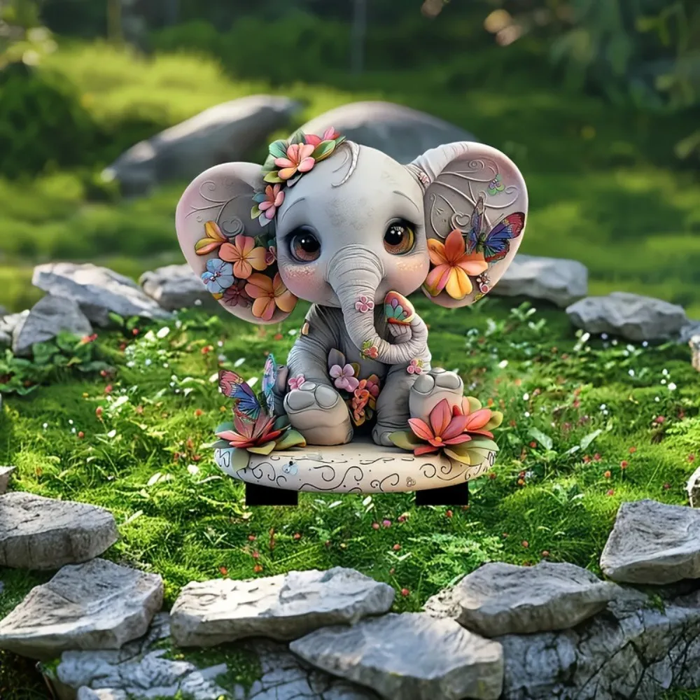 

Multipurpose Acrylic Elephant Statue Stake Cute Waterproof Elephant Floor Plugs Wear Resistant 2D Flat Elephant Sign Flower Pot
