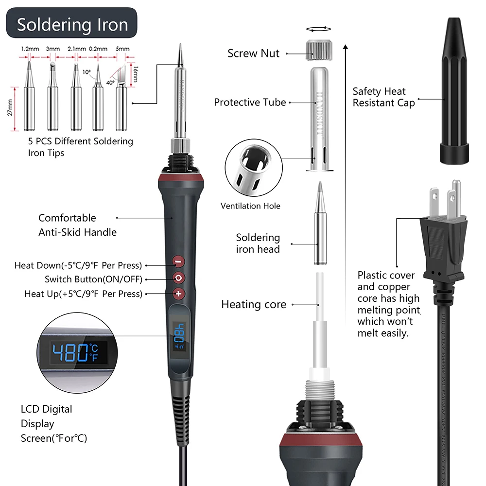 90W Digital Electric Soldering Iron Kit Set Temperature Adjustable 110V/220V Ceramic Heater Welding Solder With 4 Tips