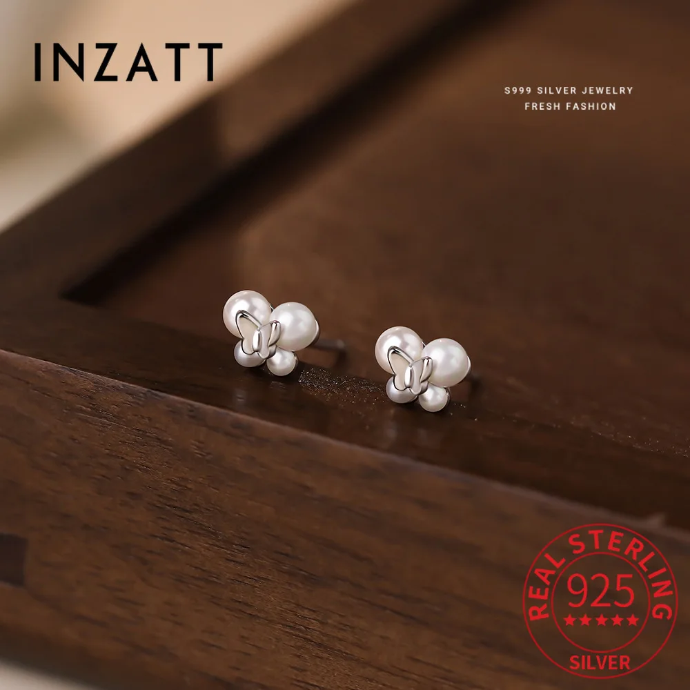 

INZATT настоящее серебро 925 пробы с жемчугом и бабочкой, мини-серьги-гвоздики для женщин, вечерние милые ювелирные изделия, легкие роскошные аксессуары