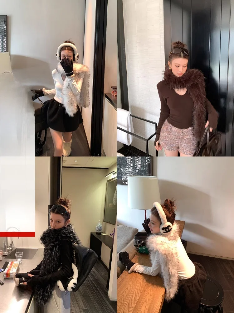 

Экологичный комплект из двух предметов: футболка с V-образным вырезом и теплый меховой шарф для женщин, корейский стиль, длинный рукав, хлопковая смесь