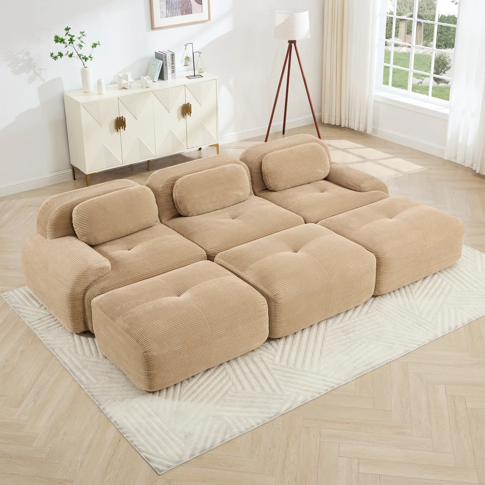 

Three-seat Modular Sofa with3 Ottomans,Corduroy,No Assembly,Pet-Friendly,Ultra-Wide Curved Armrests,32D Sponge,Camel