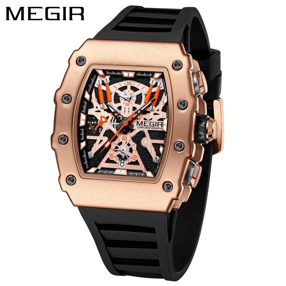 MEGIR Luxury Sports Quartz Wristwatches for Men Colorful Functional Tonneau Dial Silicone Band Type Chronograph Watch with Date