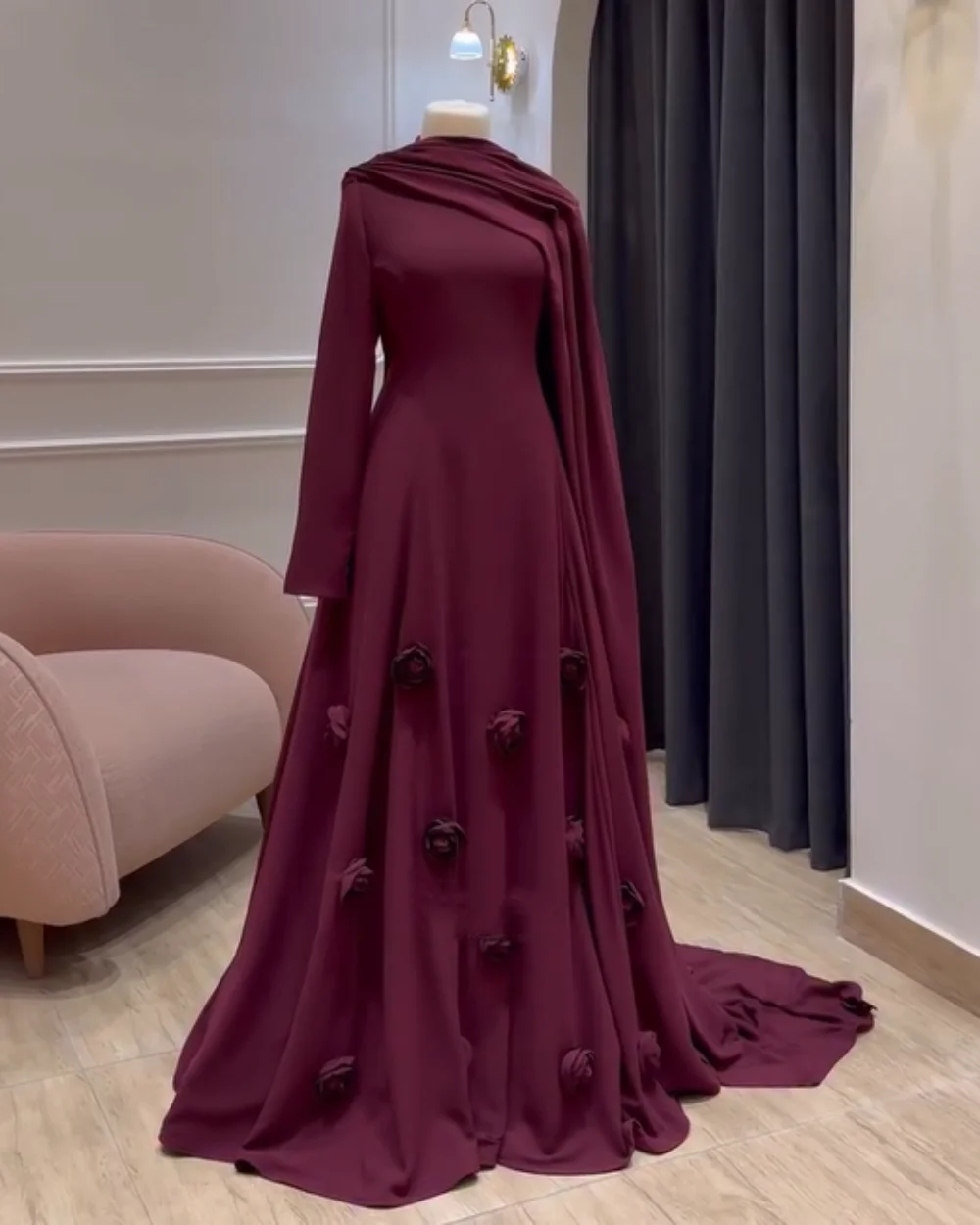 

Customized High Quality Jersey Flower Pleat A-line O-Neck Long Dresses Bespoke Occasion Celebrity Fashion Modern Style