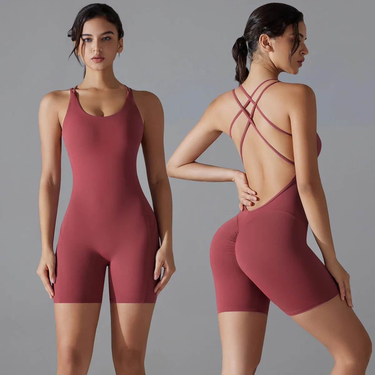 

Yoga Set Sexy Backless Sporty Tight Jumpsuit Raises Butt Playsuit Women Romper Summer Gym Fitness Short Overalls One Pieces Set