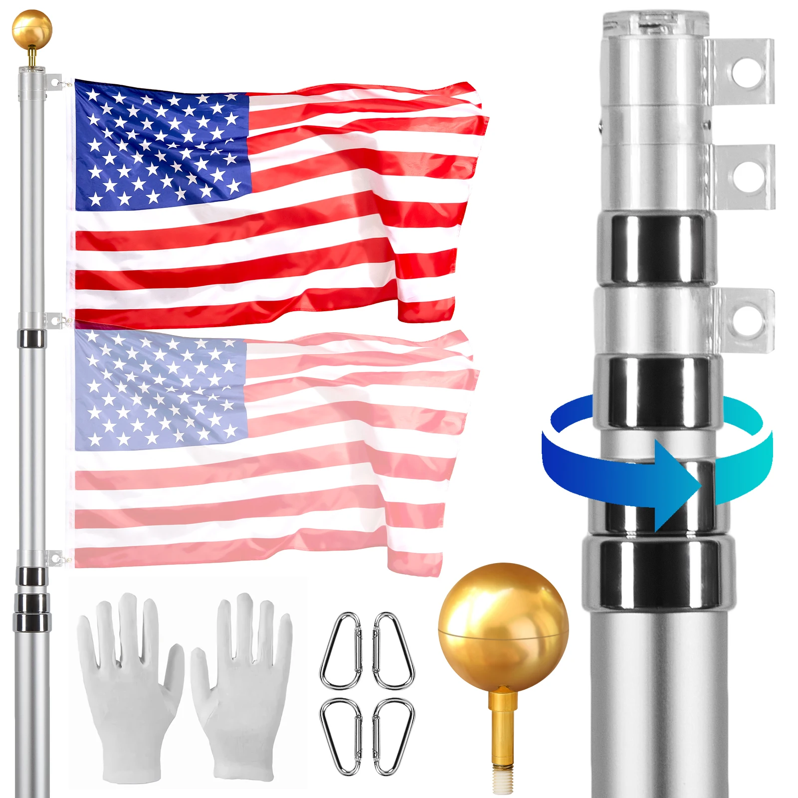 20FT Silver Telescoping Flag pole Kit, Heavy Duty Aluminum Alloy in Ground Flag Poles for Outside, 3 Display Modes Flagpole with 3x5 American Flag