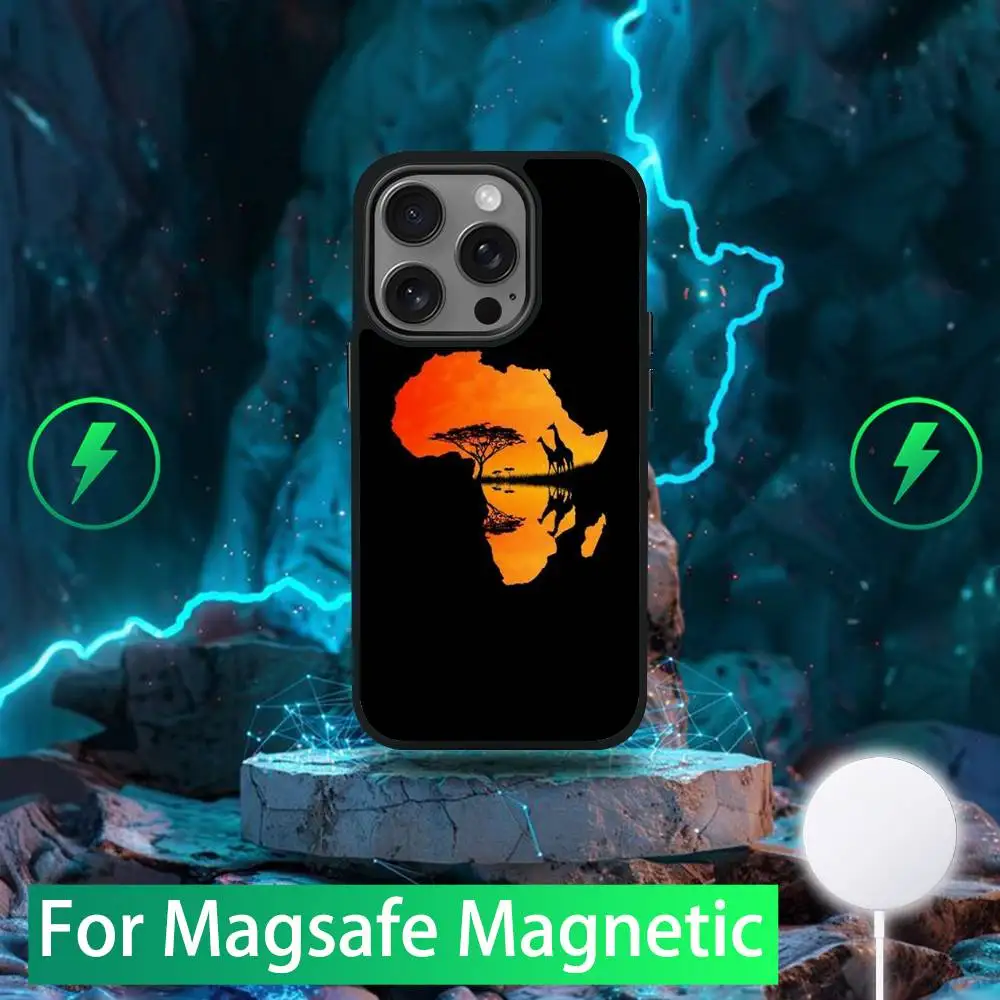حافظة هاتف Geogra لخريطة أفريقيا لهواتف iPhone 16,15,14,13,12,11,Pro,Max,Plus,Mini,SE شحن لاسلكي مغناطيسي جديد من Magsafe