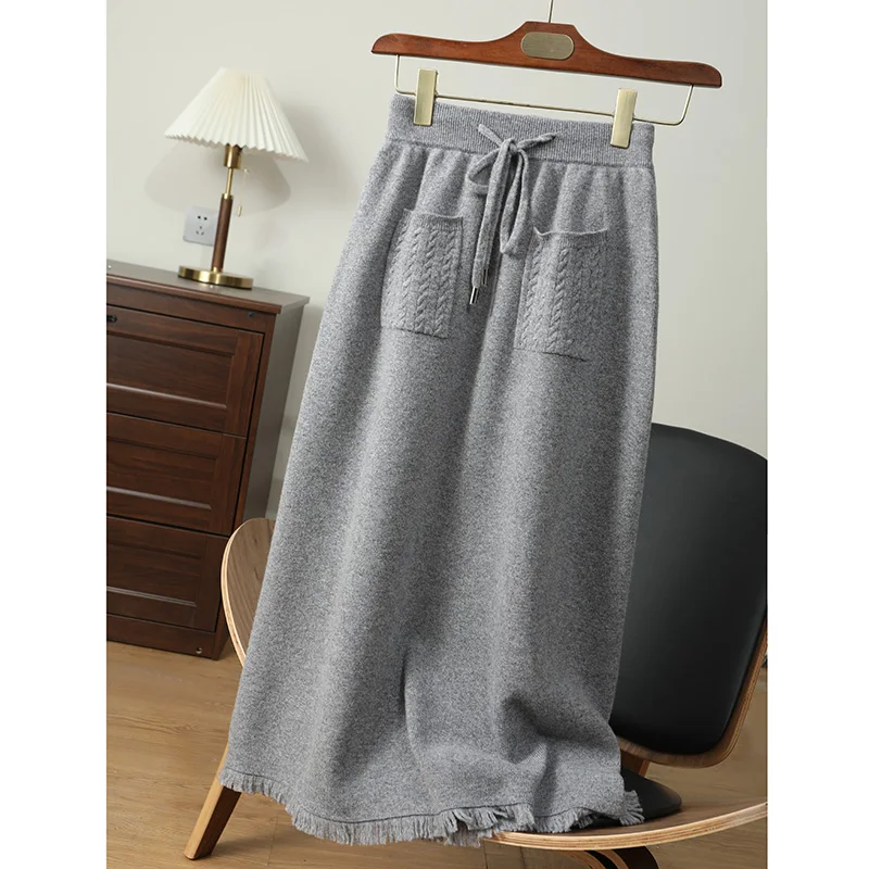 

New hot selling women's half skirt solid color knitted autumn and winter fashion trend long style women's 100% wool half skirt